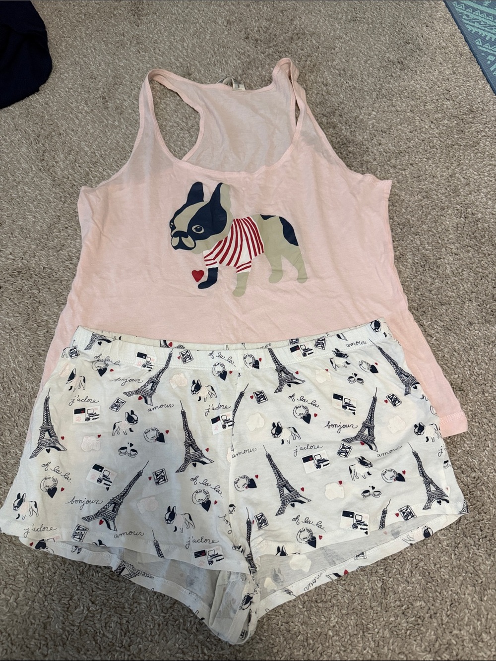 Forever 21 Pink Bulldog Graphic Tank & Eiffel Print Pajama Shorts